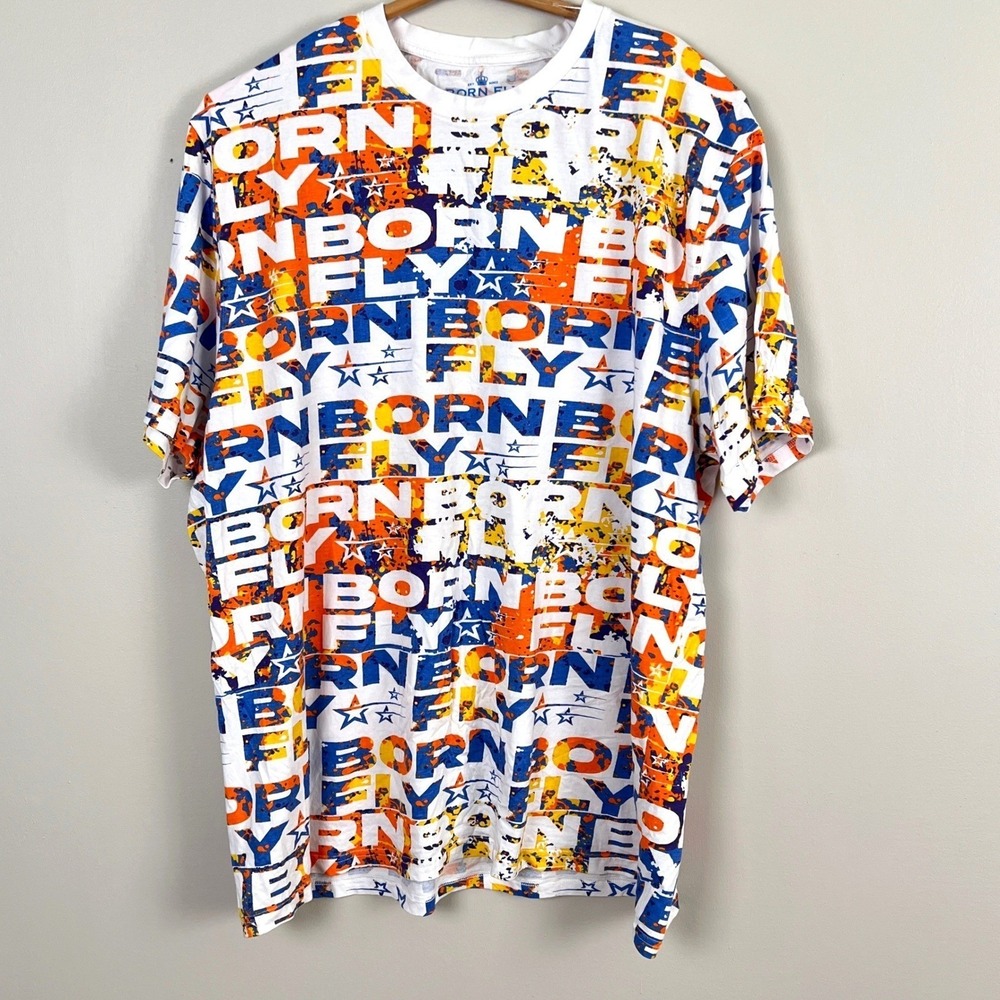 Born Fly T-Shirt Mens 5XL All Over Print Logo White Blue Orange Streetwear